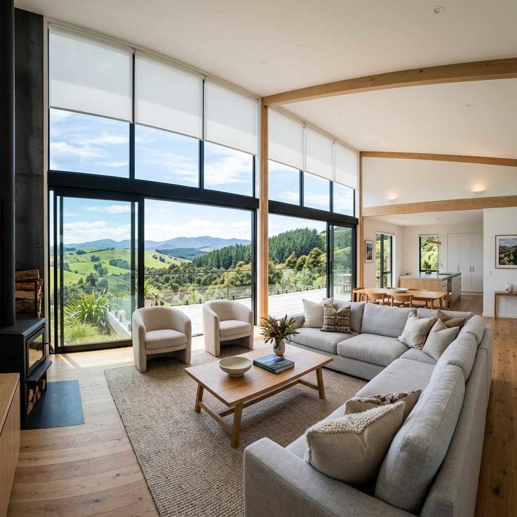 Living room with roller blinds fitted across a full wall of windows looking onto New Zealand hills